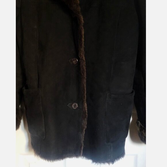 Shearling Sheepskin Wool Fur Coat Jacket Black Women L 40 Overcoat Pea Coat - Picture 10 of 15